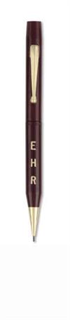 Long Island Wing-Flow burgundy celluloid fountain pen and mechanical pencil set, with gold-filled initials (""EHR"") inlaid in barrel,